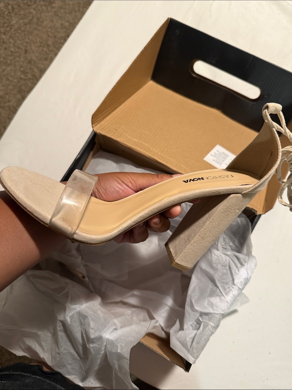 Fashion Nova Nude Lace-Up Block Heel Sandal with Clear Strap